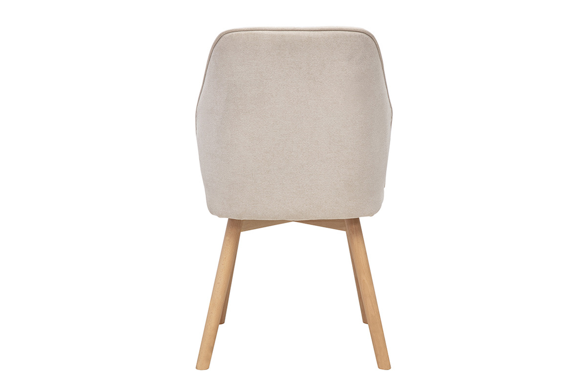 Sedia beige in tessuto effetto velluto vista da dietro, con gambe in legno chiaro.