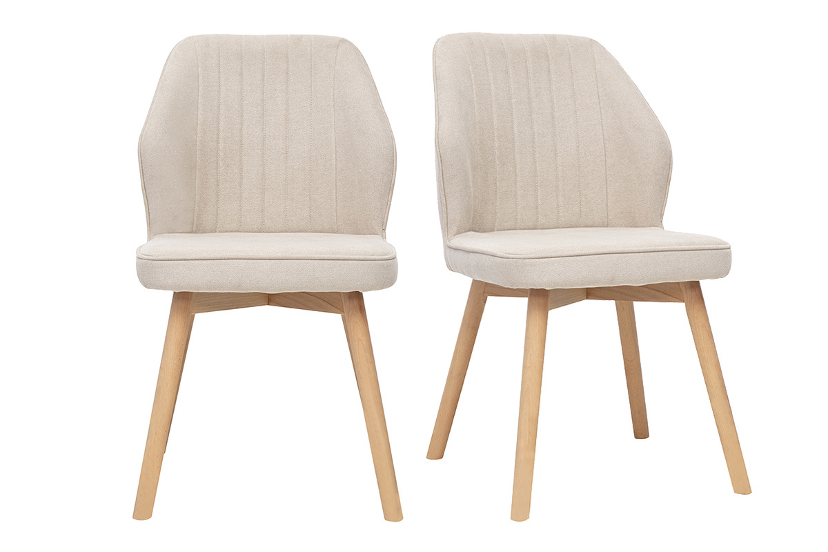 Due sedie beige in tessuto effetto velluto con gambe in legno chiaro, vista frontale.