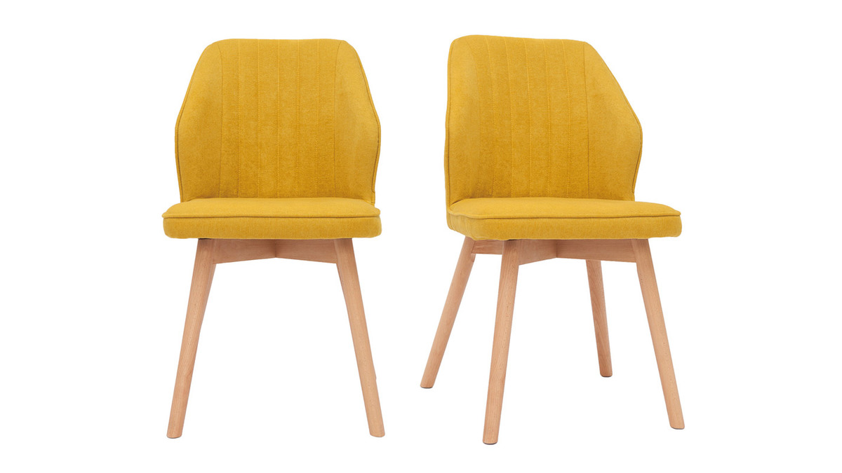 Sedie design in tessuto effetto velluto giallo senape e legno massello chiaro (set di 2) FANETTE
