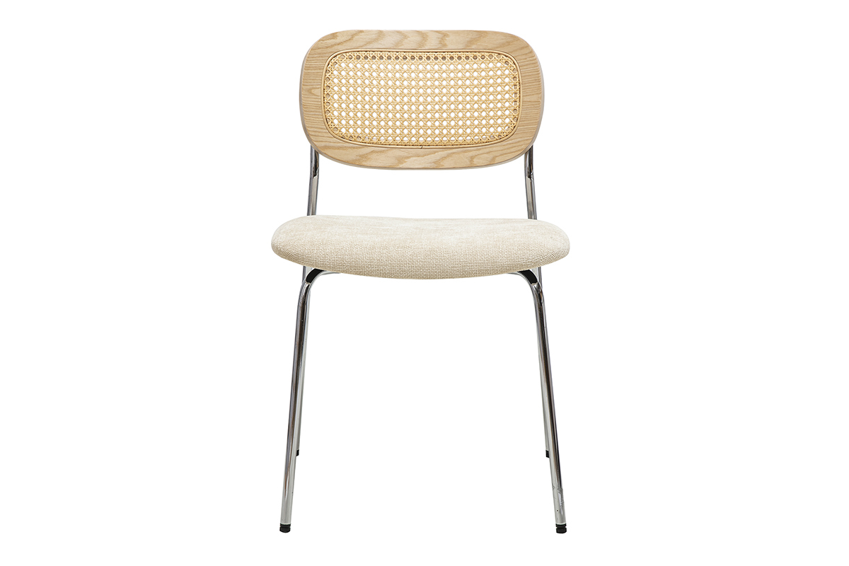 Sedie design in tessuto effetto velluto testurizzato beige, metallo cromato e intreccio in rattan (set di 2) MIRANDA