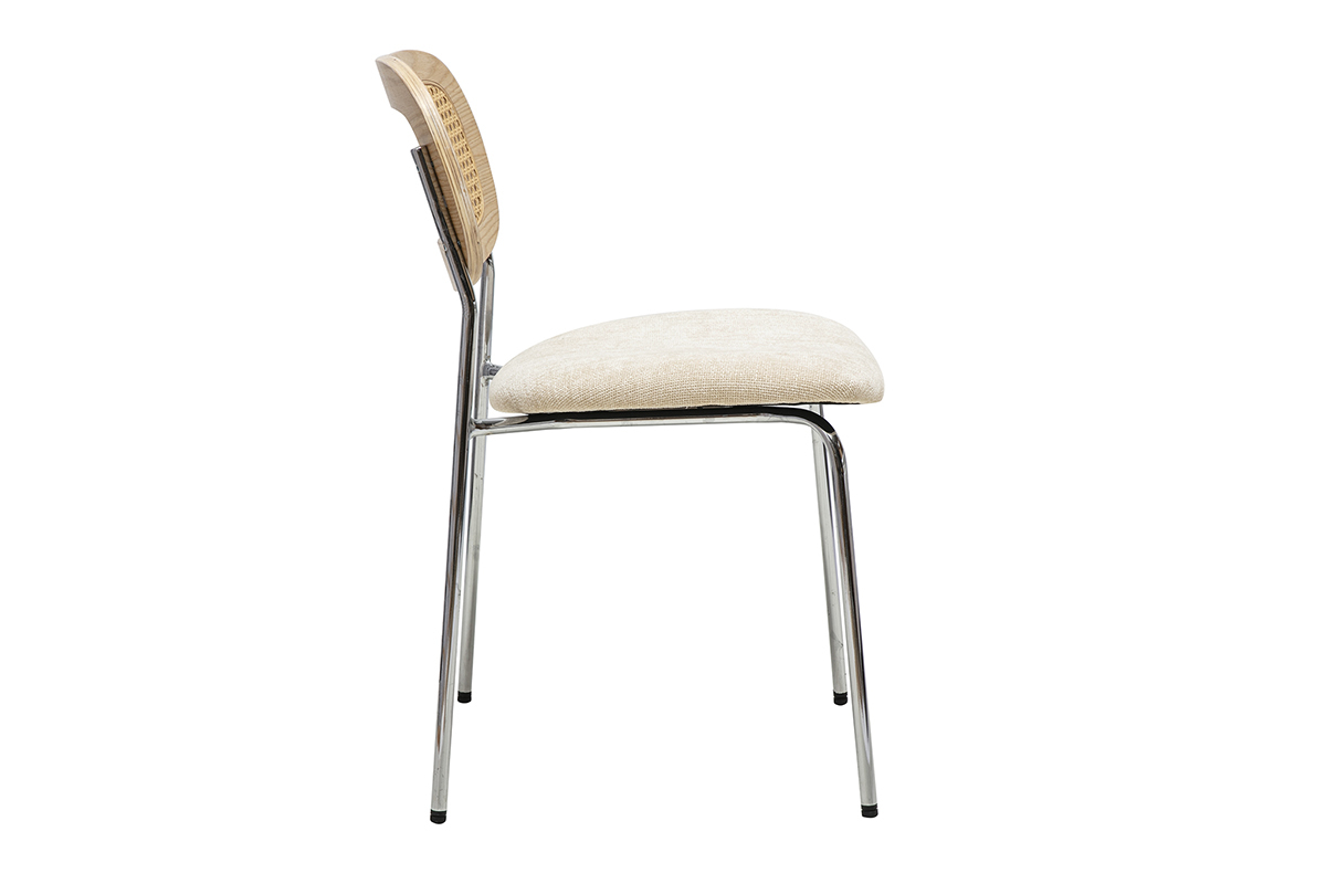 Sedie design in tessuto effetto velluto testurizzato beige, metallo cromato e intreccio in rattan (set di 2) MIRANDA