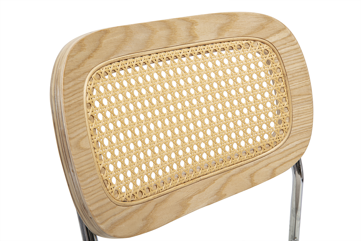 Sedie design in tessuto effetto velluto testurizzato beige, metallo cromato e intreccio in rattan (set di 2) MIRANDA