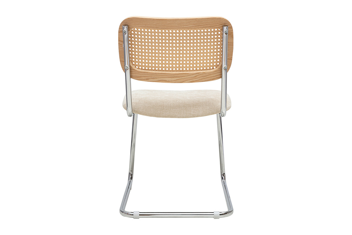 Sedia ELECTRA vista da dietro, intreccio di rattan, metallo cromato, tessuto beige.