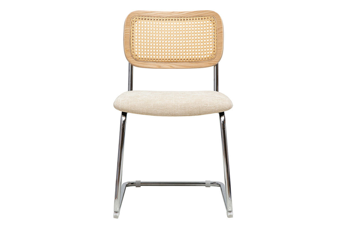 Sedia con schienale in rattan, tessuto beige e gambe cromate, vista frontale.