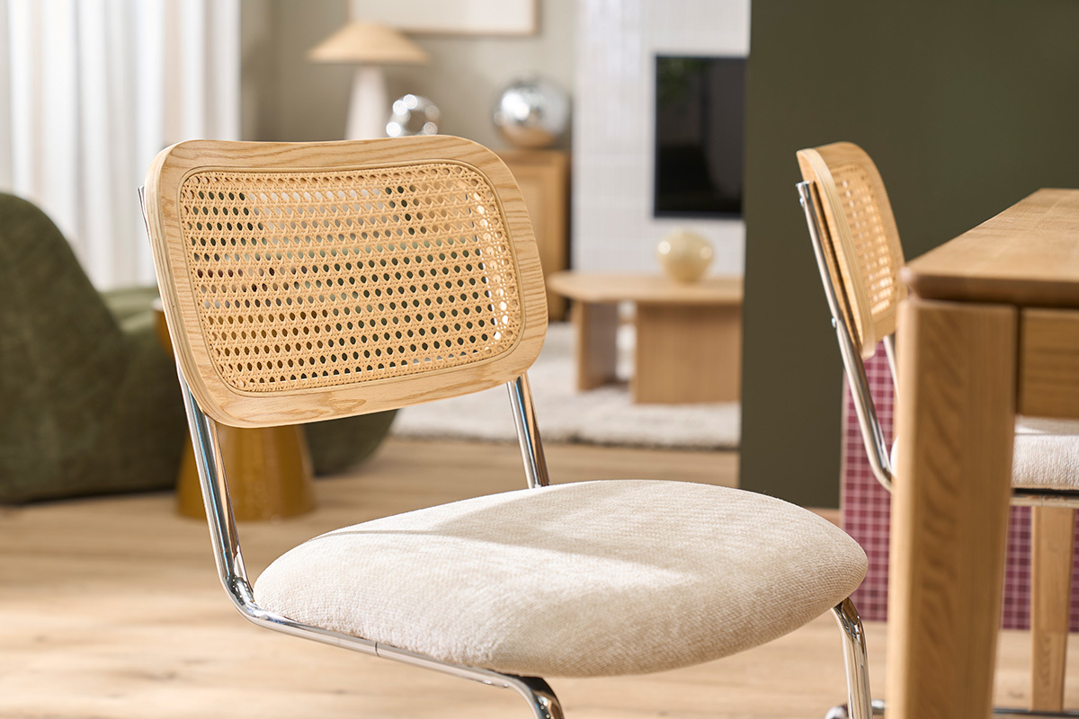 Sedie design in tessuto effetto velluto testurizzato beige, metallo cromato e rattan intrecciato (set di 2) ELECTRA