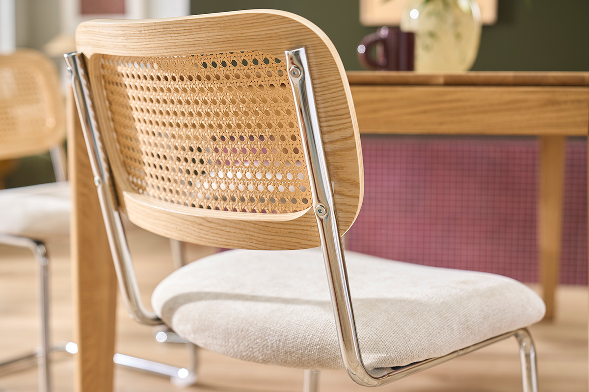 Sedie design in tessuto effetto velluto testurizzato beige, metallo cromato e rattan intrecciato (set di 2) ELECTRA