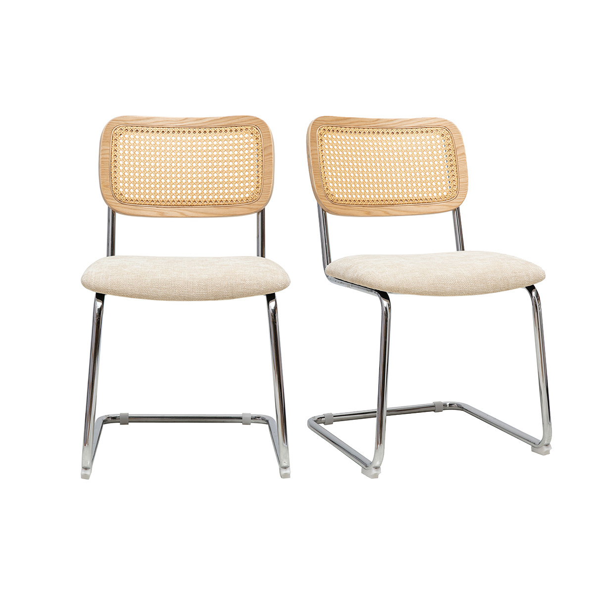 Sedie design in tessuto effetto velluto testurizzato beige, metallo cromato e rattan intrecciato (set di 2) ELECTRA