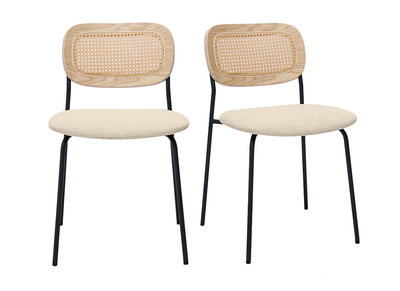 Sedie design in tessuto effetto velluto testurizzato beige, metallo nero e intreccio in rattan (lotto di 2) MIRANDA