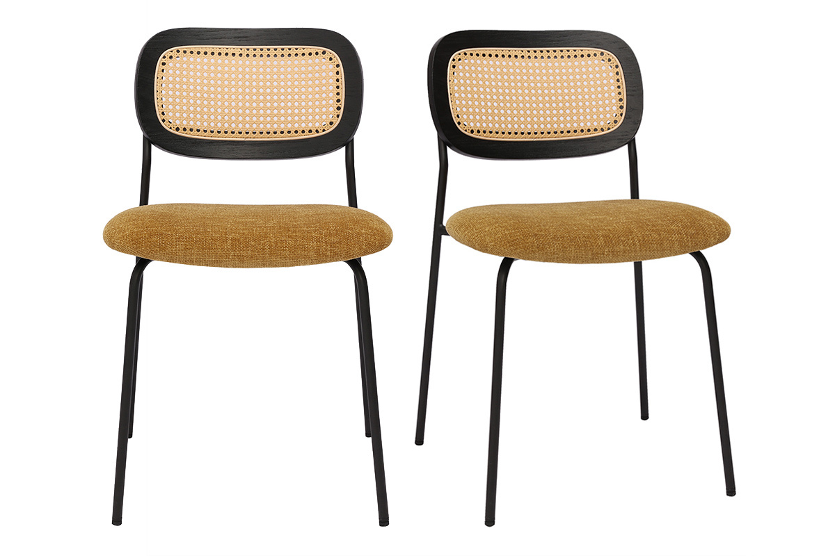 Due sedie con seduta in tessuto effetto velluto bronzo, schienale in rattan intrecciato, gambe in metallo nero.