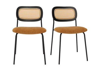 Sedie design in tessuto effetto velluto testurizzato color bronzo, metallo nero e intreccio in rattan (set di 2) MIRANDA