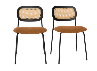 Sedie design in tessuto effetto velluto testurizzato terracotta, metallo nero e intreccio in rattan (set di 2) MIRANDA