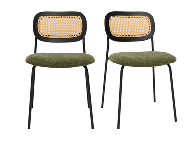 Sedie design in tessuto effetto velluto testurizzato verde kaki, metallo nero e intreccio di rattan (set di 2) MIRANDA