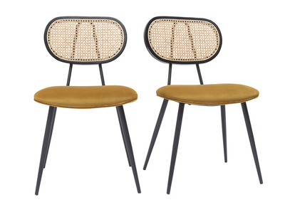 Sedie design in tessuto velluto bronzo, metallo nero e motivo a intreccio rattan naturale (set di 2) TOLMA