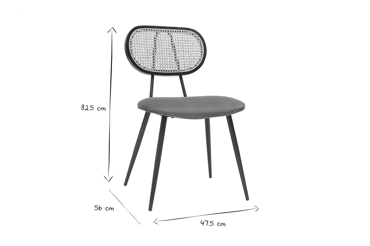 Sedie design in tessuto velluto color bruciato, metallo nero e motivo a intreccio rattan naturale (set di 2) TOLMA