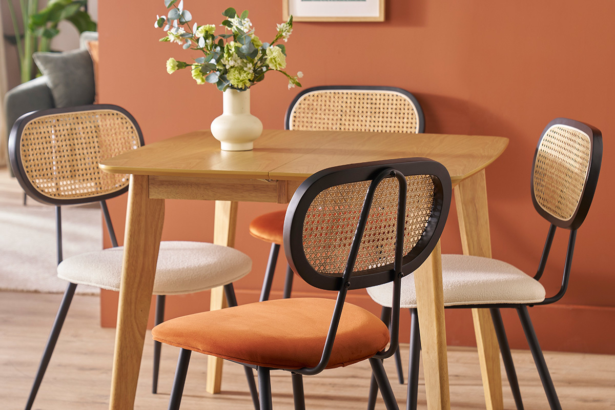 Sedie design in tessuto velluto color bruciato, metallo nero e motivo a intreccio rattan naturale (set di 2) TOLMA