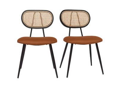 Sedie design in tessuto velluto color bruciato, metallo nero e motivo a intreccio rattan naturale (set di 2) TOLMA