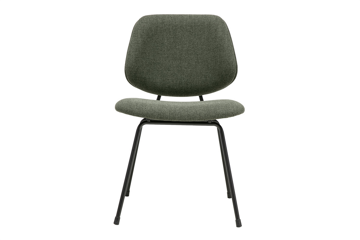 Sedia di design in tessuto verde kaki e metallo nero, vista frontale