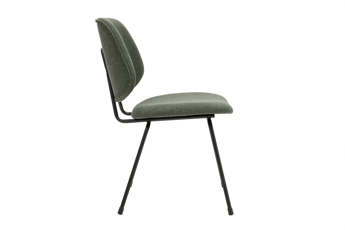 Sedia di design in tessuto verde kaki e metallo nero vista di profilo
