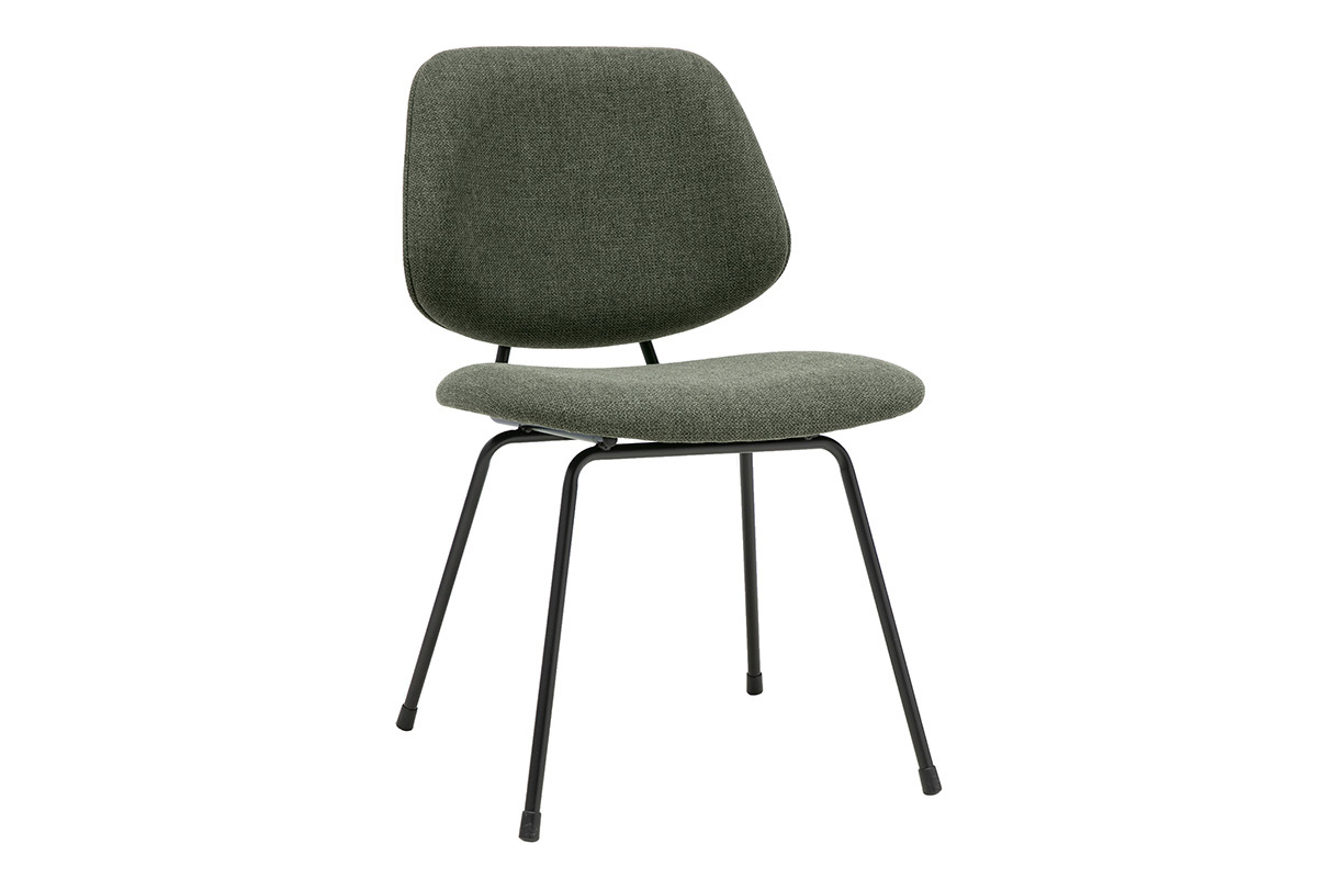 Sedia di design in tessuto verde kaki con struttura in metallo nero, vista in 3/4