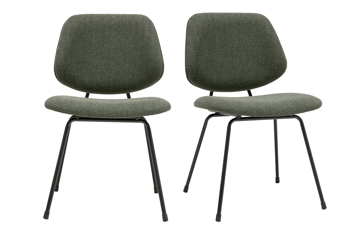 Set di 2 sedie di design in tessuto verde kaki con struttura in metallo nero, vista frontale.