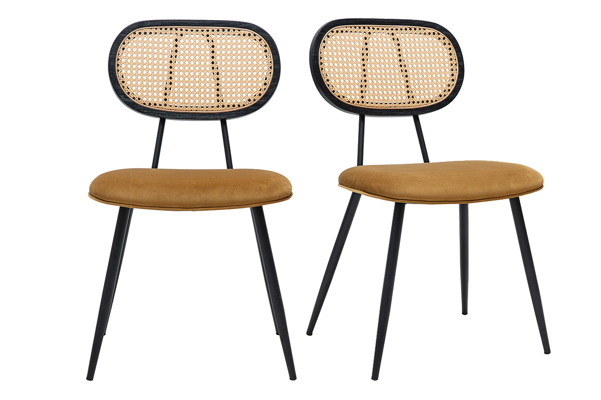Due sedie SWANN in velluto bronzo con schienale in rattan intrecciato e piedi in metallo nero, vista frontale.