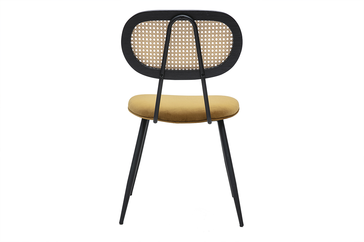 Sedia SWANN in velluto bronzo, schienale in rattan intrecciato, vista posteriore, gambe in metallo nero.
