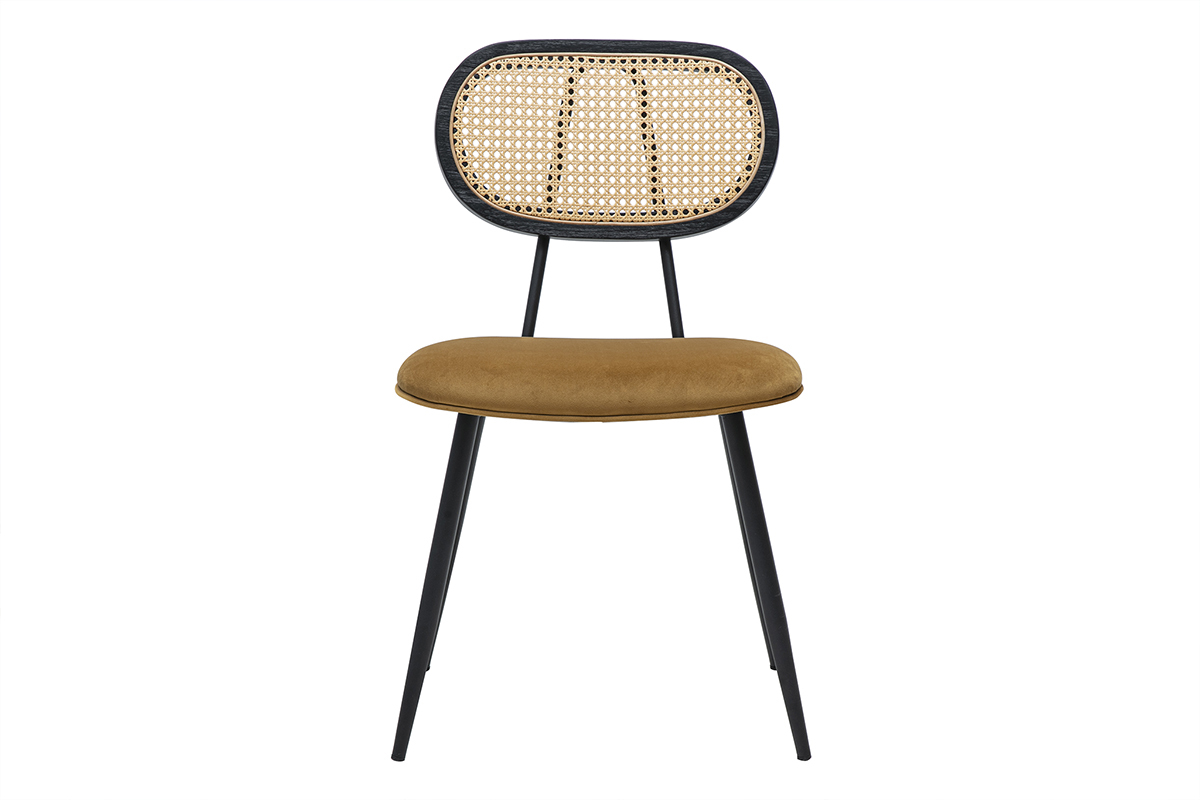 Sedia in velluto bronzo, metallo nero, intreccio in rattan, vista frontale.