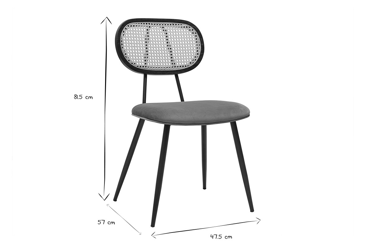 Vista laterale di una sedia SWANN con dimensioni 81,5x57x47,5 cm in nero e bianco.