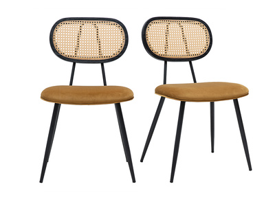 Sedie design in velluto bronzo, metallo nero e intreccio di rattan (set di 2) SWANN