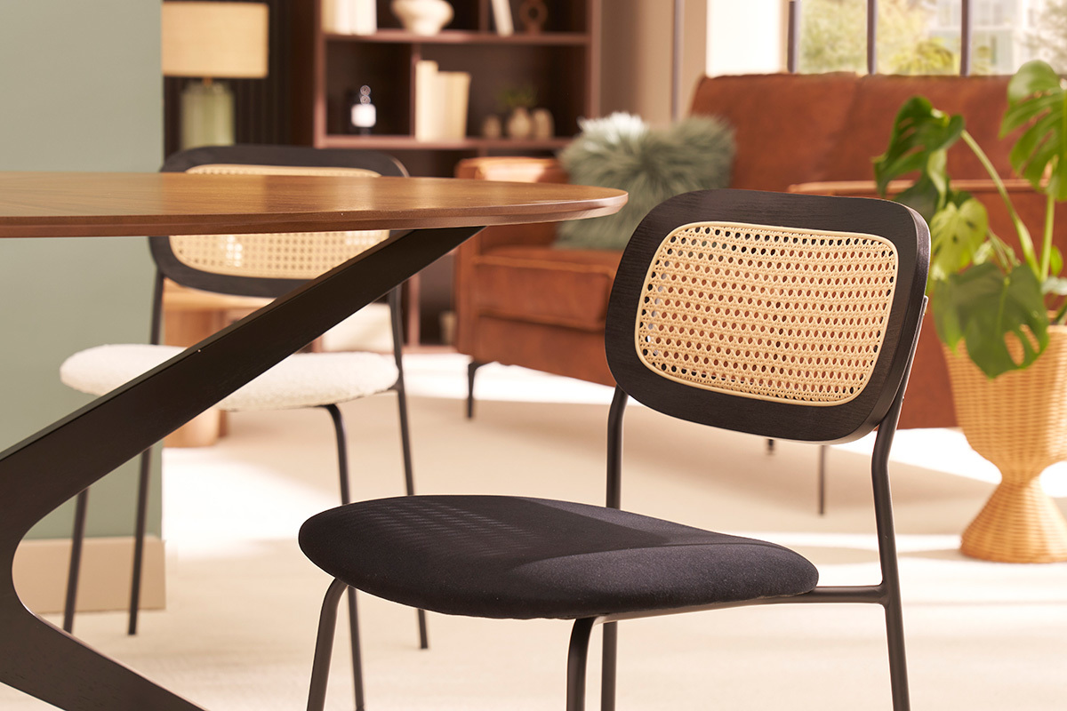 Sedie design in velluto nero, metallo nero e intreccio in rattan (set di 2) MIRANDA