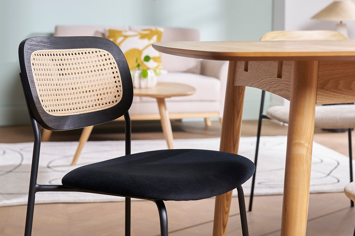 Sedie design in velluto nero, metallo nero e intreccio in rattan (set di 2) MIRANDA