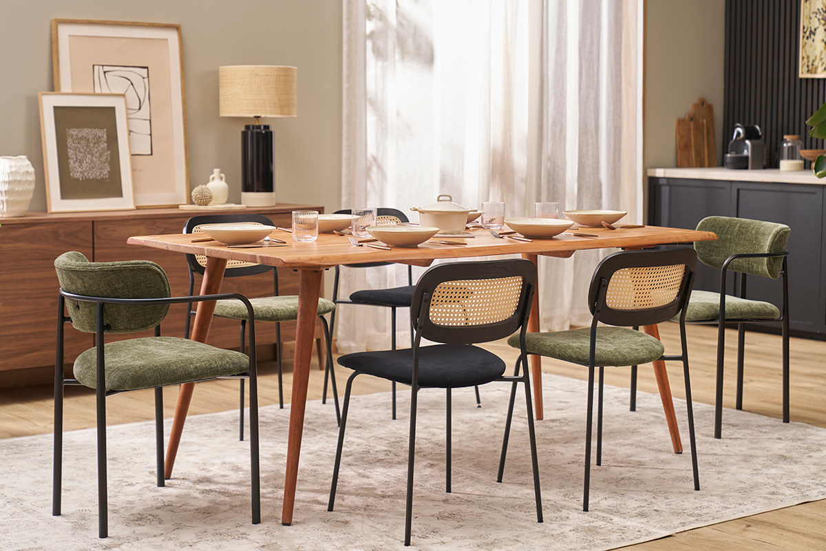 Sedie design in velluto nero, metallo nero e intreccio in rattan (set di 2) MIRANDA