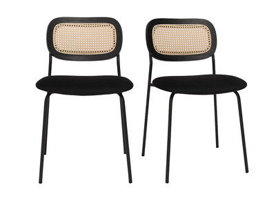 Sedie design in velluto nero, metallo nero e intreccio in rattan (set di 2) MIRANDA