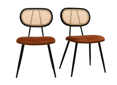 Sedie design in velluto terra bruciata, metallo nero e intreccio di rattan (set di 2) SWANN