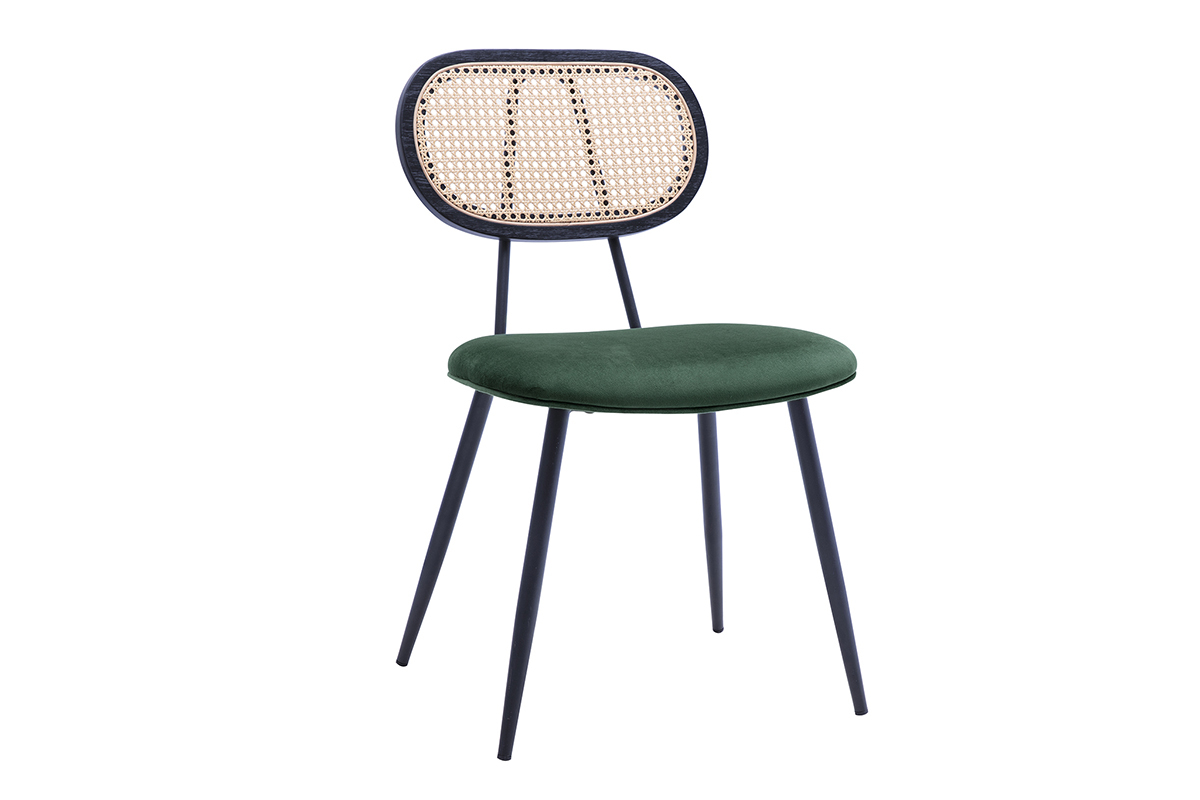 Sedie design in velluto verde scuro, metallo nero e intreccio di rattan (set di 2) SWANN