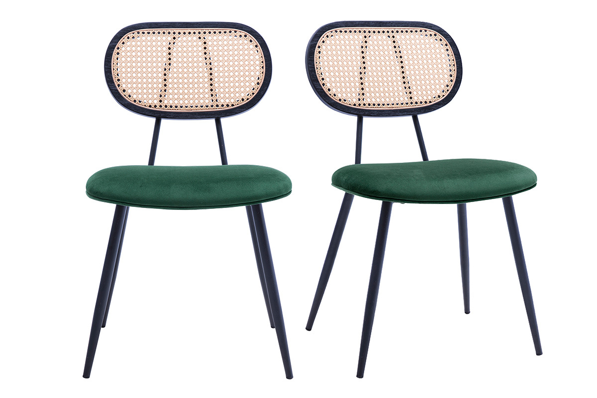Sedie design in velluto verde scuro, metallo nero e intreccio di rattan (set di 2) SWANN