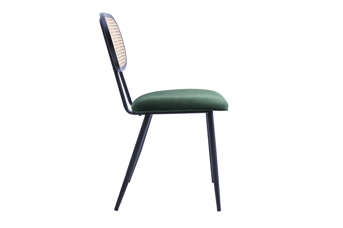 Sedie design in velluto verde scuro, metallo nero e intreccio di rattan (set di 2) SWANN