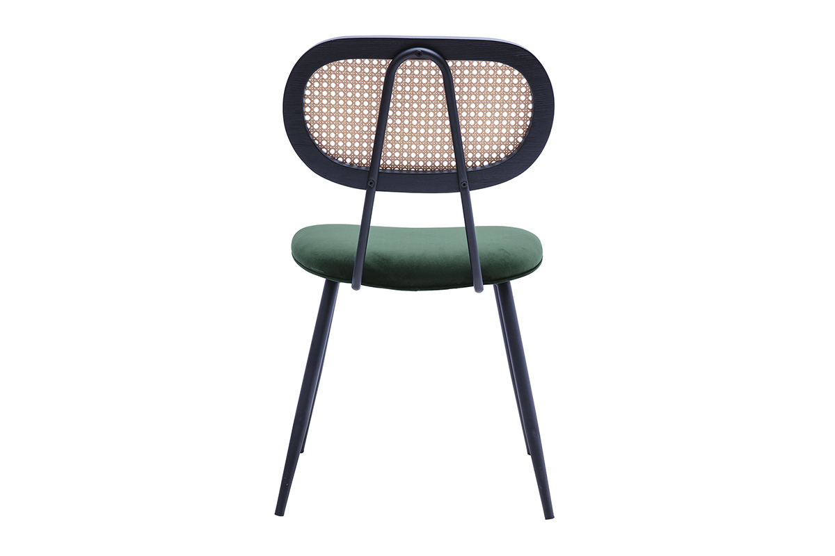 Sedie design in velluto verde scuro, metallo nero e intreccio di rattan (set di 2) SWANN