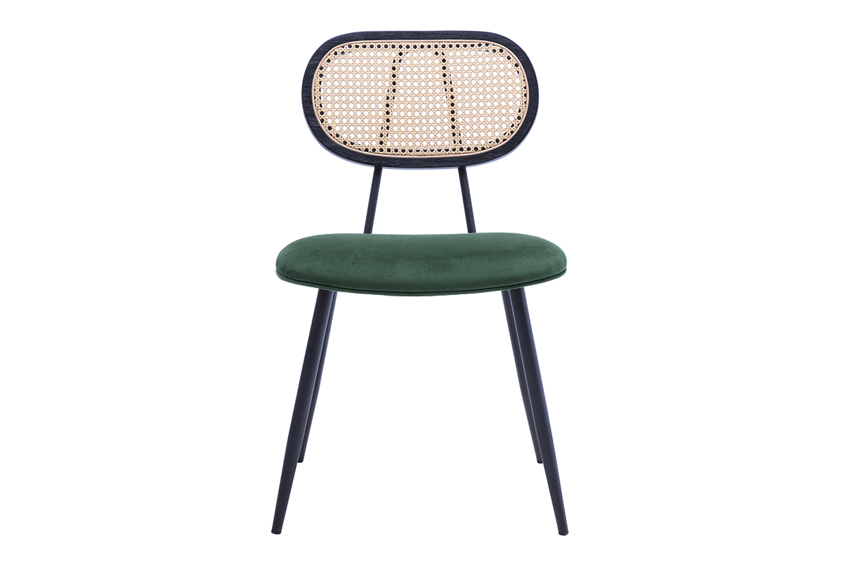 Sedie design in velluto verde scuro, metallo nero e intreccio di rattan (set di 2) SWANN