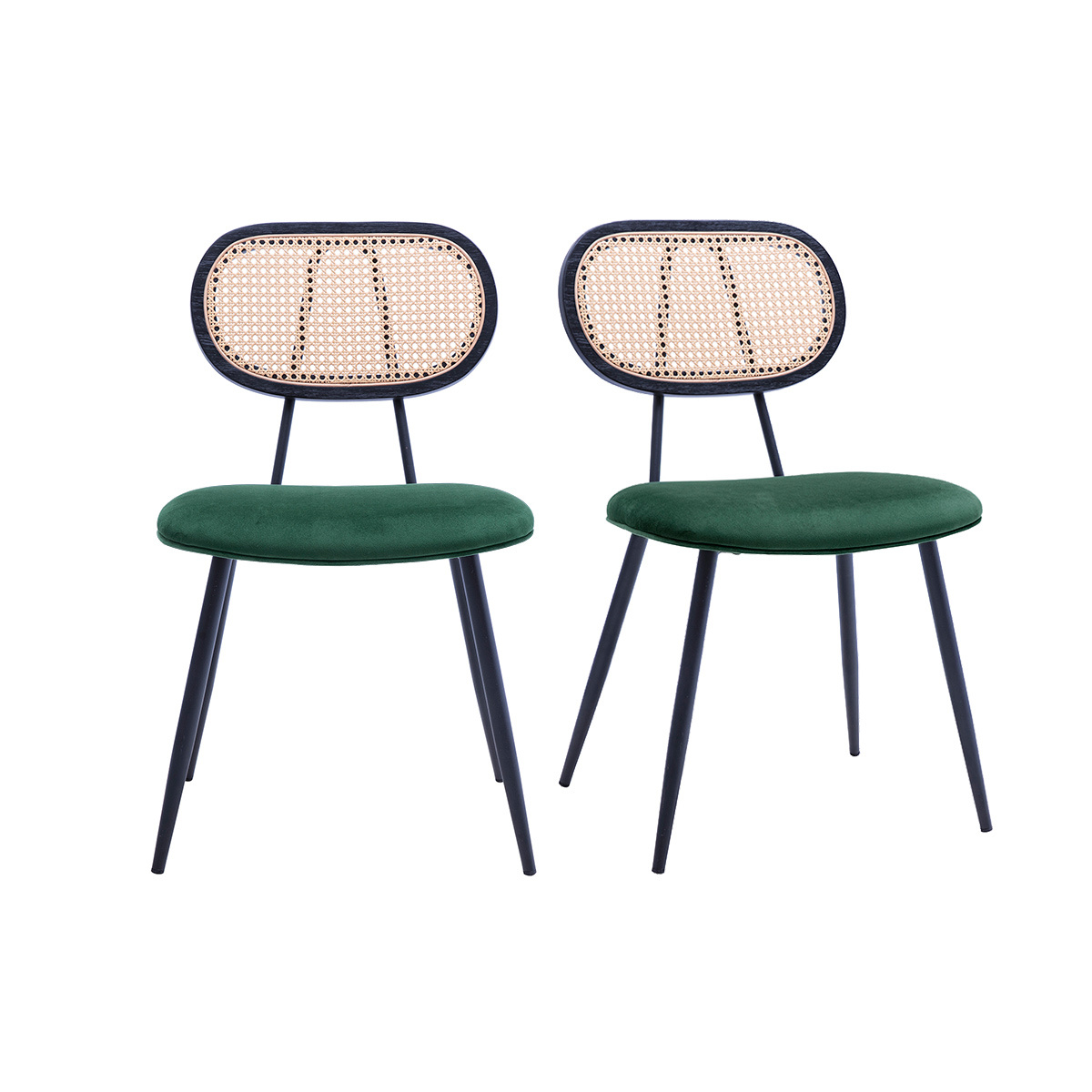 Sedie design in velluto verde scuro, metallo nero e intreccio di rattan (set di 2) SWANN