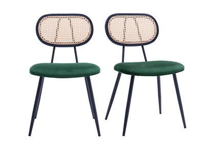 Sedie design in velluto verde scuro, metallo nero e intreccio di rattan (set di 2) SWANN