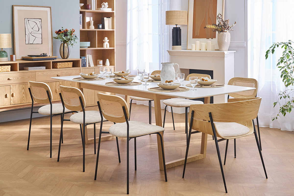 Sedie design legno chiaro e tessuto chenille beige (set di 2) WESS