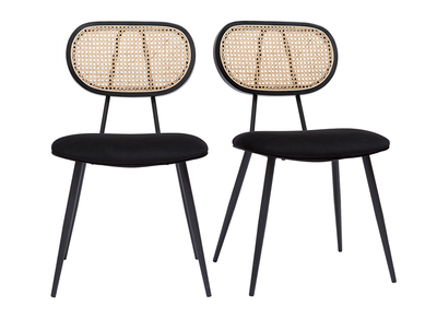 Sedie design nere in tessuto velluto, metallo e motivo a intreccio rattan naturale (set di 2) TOLMA