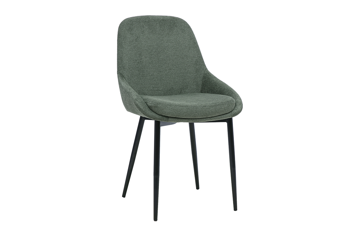 Sedia di design in tessuto chenille verde kaki con gambe in metallo nero, vista in 3/4.