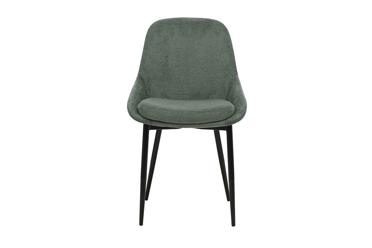 Sedia di design in tessuto ciniglia verde kaki con base in metallo nero, vista frontale