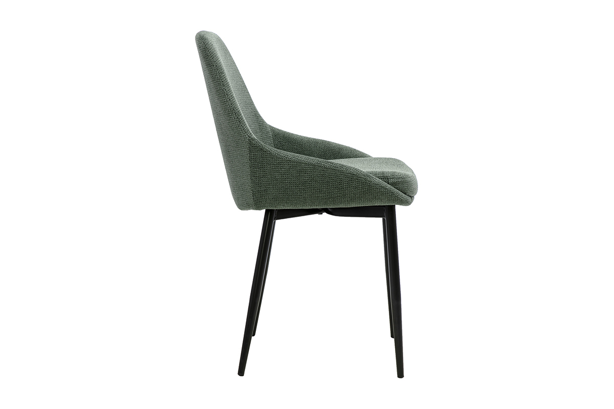 Sedia di design in tessuto ciniglia verde kaki con struttura in metallo nero, vista di profilo.