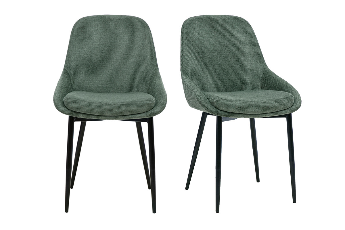 Set di 2 sedie di design in tessuto chenille verde kaki con struttura in metallo nero, vista frontale.