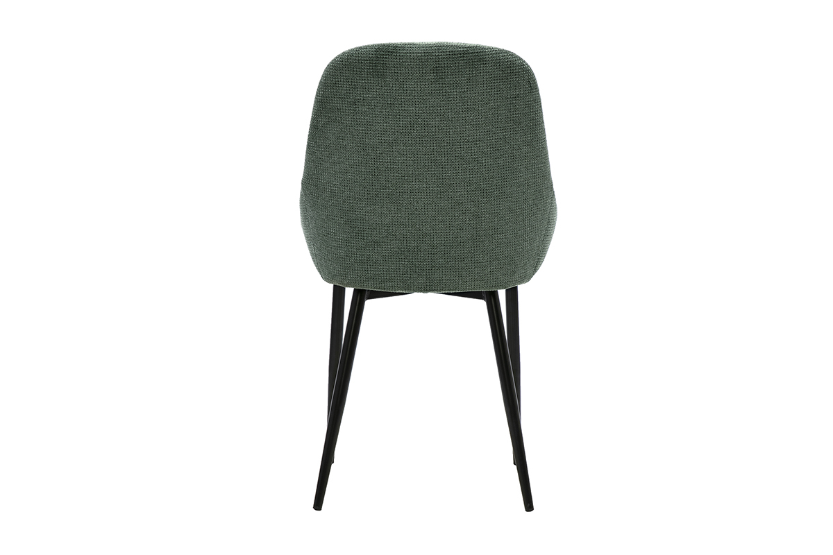 Sedia di design in tessuto chenille verde kaki vista da dietro, base in metallo nero.