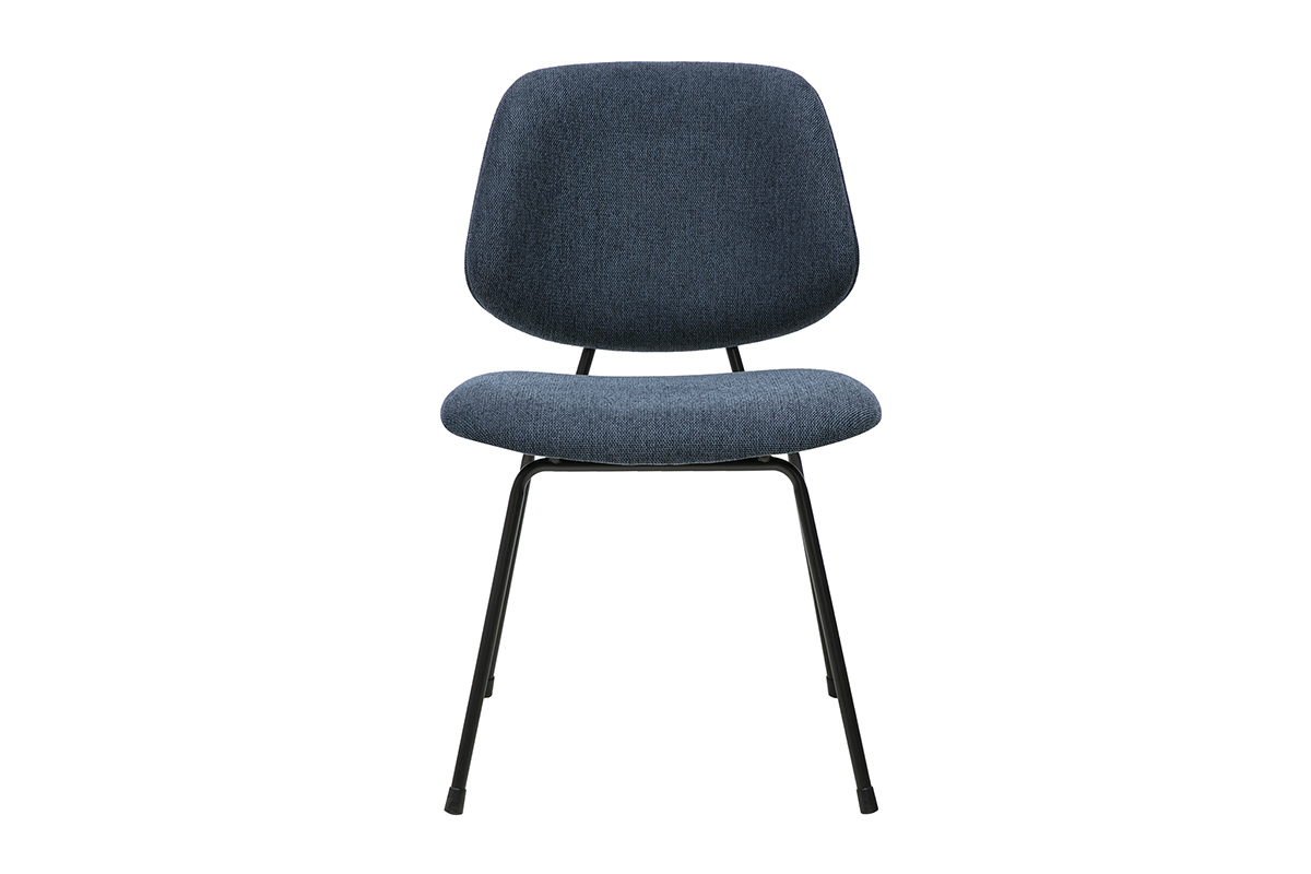 Sedia design BARNET in tessuto effetto velluto testurizzato blu scuro e metallo nero, vista frontale