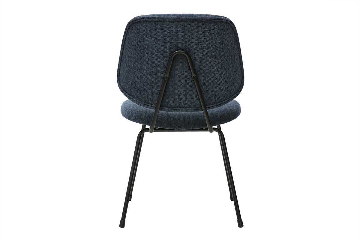 Sedia di design in tessuto blu scuro, vista da dietro, con struttura in metallo nero.